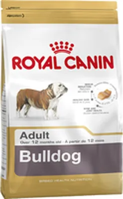 A bag of Royal Canin Bulldog Adult dog food.