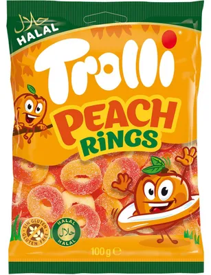 Obrázok produktu pre Trolli Peach Rings Halal kyslá ovocná žuvačka s penovým cukrom 100g