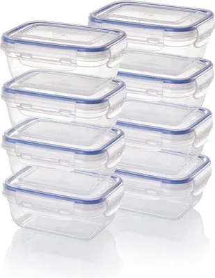 Obrázok produktu pre Sada 8 vzduchotesných nádob na jedlo, obdĺžnikové, stohovateľné, nerozbitné, vhodné do mikrovlnnej rúry