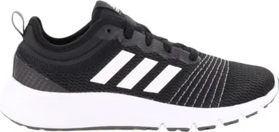 A side view of a black Adidas running shoe with white stripes.