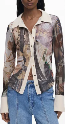 Productafbeelding van Beige blouse met lange mouwen, bedrukt met een patroon en voorzien van een Italiaanse kraag, voor dames