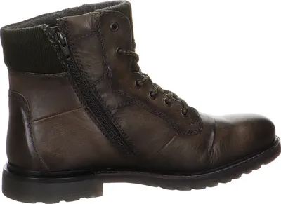 A side view of a brown leather boot.