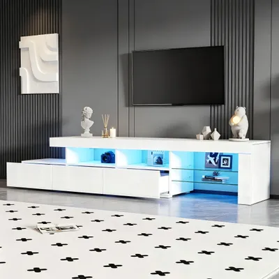 Produktbild von Merax Hochglanz TV-Schrank mit LED-Beleuchtung, TV Lowboard mit Hochglanzfront und 3 Schubladen, modernes TV-Board aus MDF für bis 75 Zoll, Weiß