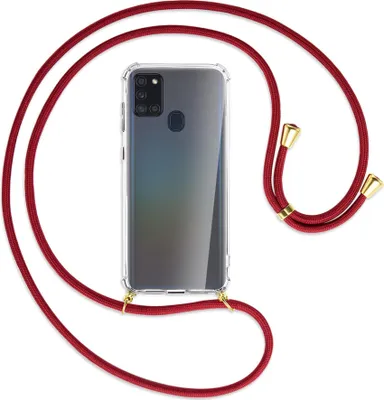 Produktbild von Handykette Backcover-Schutzhülle mit Band (Metall goldfarben) für Samsung Galaxy A21s - dunkelrot