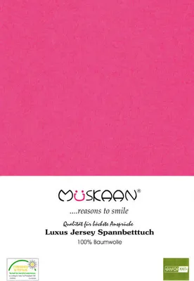 A pink fabric swatch with brand and product information below.