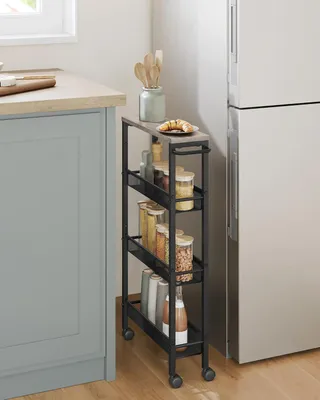 Productafbeelding van Trolley met 4 niveaus, smalle keukentrolley, verstelbaar plankensysteem op wielen, staal, handgreep, geschikt voor kleine ruimtes, 13 x 45,5 x 77 cm, geschikt voor keuken, badkamer, woonkamer, werkkamer, grijs-zwart gemêleerd