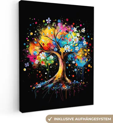 Produktbild von MuchoWow® - Leinwandbilder - Baum - Bunt - Blumen - Schwarz, Wandbild, Wanddeko Bilder Wohnzimmer, 90x120 cm