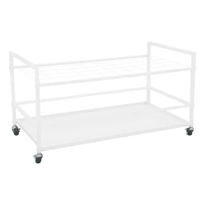 A white metal rolling cart with two shelves, designed for document or file storage.