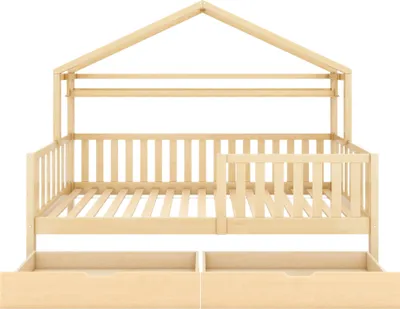 Produktbild von Merax Kinderbett 90x200 cm Hausbett mit Ablageregal, 2 Schubladen, Zaun und Lattenrost, Jugendbett Einzelbett aus Kiefernholz, Holzfarbe