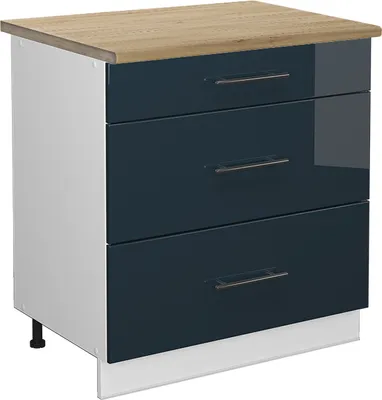 Produktbild von Küchenunterschrank Vicco Fame-Line Dunkelblau Hochglanz 80 cm mit 3 Schubladen, AP Eiche, Model 49650