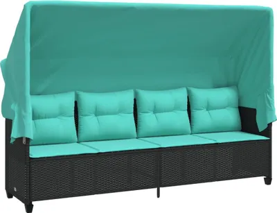 Produktbild von vidaXL Sonnenliege mit Dach und Kissen Schwarz Poly Rattan
