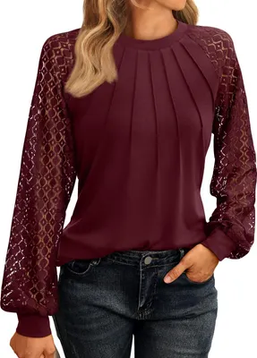 Image de ASKSA T-shirt femme col rond plissé dentelle manches longues Chemise élégante basique Tops Tunique d'automne Hauts (Rouge vin,XXL)