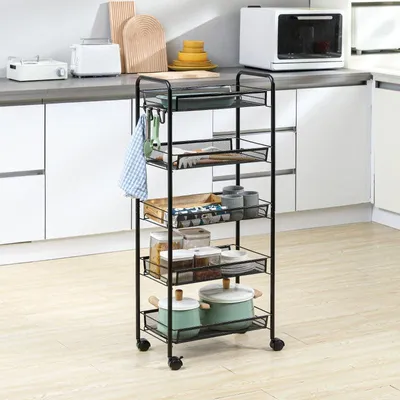 Immagine prodotto di Carrello da cucina - Carrello di servizio con 5 ripiani | Colore: Nero | Dimensioni: 26,5 x 45 x 106 cm