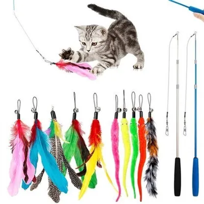 Immagine prodotto di Giocattolo per gatti - Canna da pesca interattiva con piume e campanello - confezione da 12 pezzi