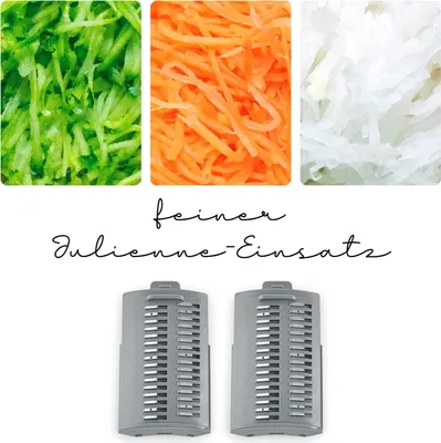 A collage showing shredded vegetables and two attachments for a food processor.