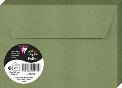 A close-up of a green envelope with a circular label.