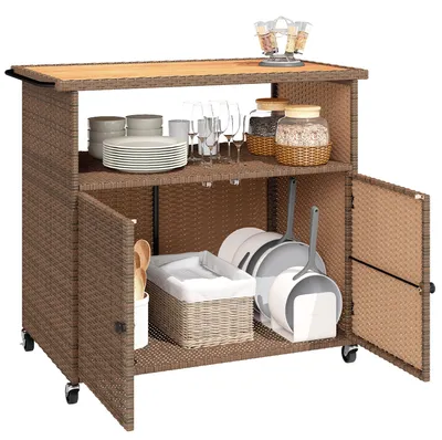 Produktbild von Outsunny Servierwagen Rattan Küchenwagen mitEukalyptusholz-Arbeitsplatte