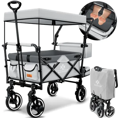 Produktbild von KESSER® Bollerwagen Faltbar GTS-9100 mit Dach Handwagen Transportwagen klappbar belastbar bis 150kg mit Hartgummi-Räder & Feststellbremsen Vorne & Hinten Inkl. Schloss, Abdeckung, Wetter & Sichtschutz