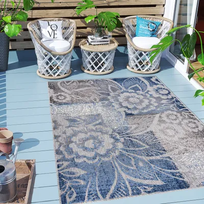 Produktbild von Carpeto Rugs Blumenmuster In- & Outdoor Teppich Wetterfest für Balkon, Terasse - Balkon Teppich Wasserfest - Outdoorteppich Wetterfest - Aussenteppich Terrasse Groß - Blau Grau 1 - 140 x 200 cm