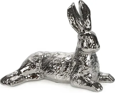 Produktbild von Deko-Hase silber aus Keramik, Osterhase liegend, dekorative Oster-Figur, Hase mit Fellzeichnung, (L) ca. 32,5 cm, Osterdekoration - Dekofigur