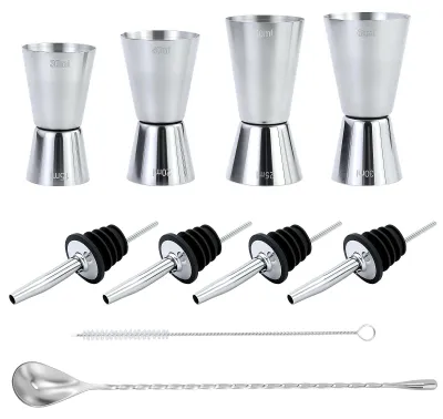 4 doppelseitige Messbecher aus Edelstahl, 15–60 ml, mit Deckeln, Löffel & Bürste