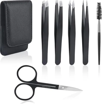 Image de Pince à épiler, set de 6 pièces, pince à épiler les sourcils, pointe oblique, ciseaux, étui en cuir