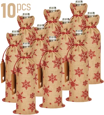 Image de BRUBAKER Sac à vin pour Noël - Flocons de neige rouge - 36 x 17 cm en jute - Sac à vin Cadeau pour vin, mousseux et champagne, 10 pièces