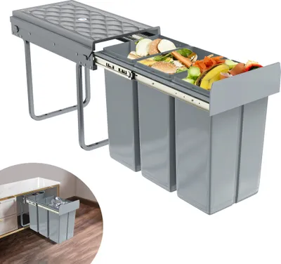 A kitchen waste sorting system with three bins, pulled out on telescopic rails.