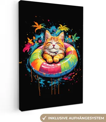 Produktbild von MuchoWow® - Leinwandbilder - Graffiti - Sommer - Katze - Tier, Wandbild, Wanddeko Bilder Wohnzimmer, 60x90 cm