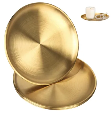 2 goldene runde Serviertabletts aus Edelstahl, 23 cm
