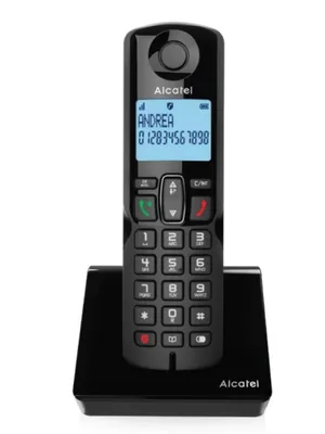 A black Alcatel cordless phone is shown on its charging base against a white background.