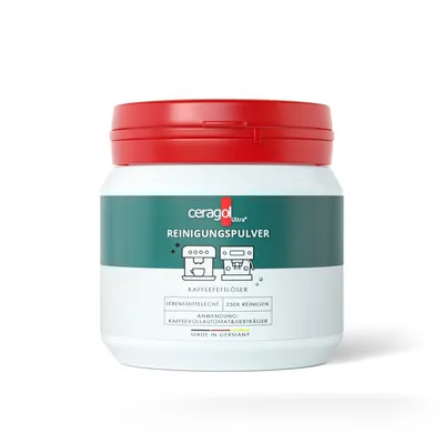 A product shot of a cleaning powder container for coffee machines.