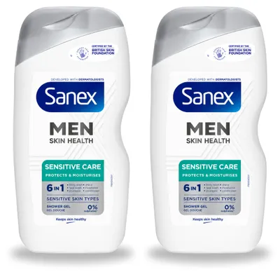 Imagen del producto de 2 unidades de gel de ducha Sanex Men Sensitive, 400 ml cada uno. Paquete económico