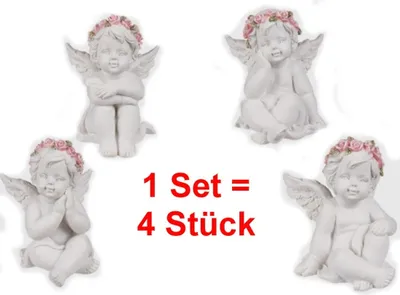 Four white angel figurines with pink rose wreaths on their heads, arranged on a white background. Text indicating '1 Set = 4 Stück' is present.