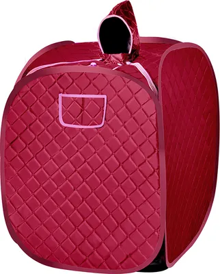 A red personal sauna tent with a hood is shown against a white background.
