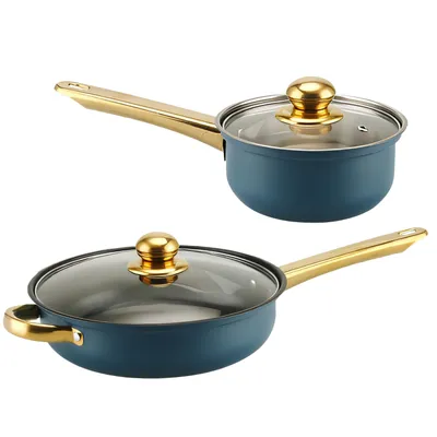 Produktbild von Topfset, Pfannenset 12-teilig | Kochtopfset | Kochtöpfe | Töpfe mit Glasdeckel | Induktionsgeeignet | Blau-Gold, Edelstahl | Retoo