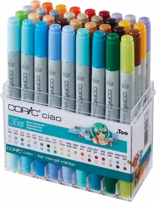 Obrázok produktu pre Copic 22075715, 36 kusov, Aqua, Béžová, Čierna, Modrá, Zelená, Šedá, Levanduľa, Mauve, Oker, Oranžová, Ružová, Červená, Žltá, Štetinkové zakončenie, Šedá, Kolo, 1,4 mm