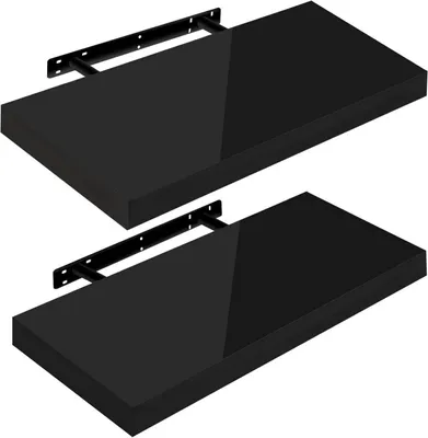 Two black floating shelves with black metal brackets are shown against a white background.