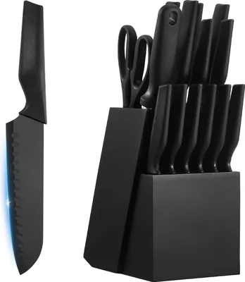 Immagine prodotto di SucceBuy Set di coltelli da cucina da 15 pezzi con blocco di legno e acciaino, coltelli affilati in acciaio inox ad alto tenore di carbonio, posate da cucina con manici ergonomici in PP, ideali per gli amanti della cucina