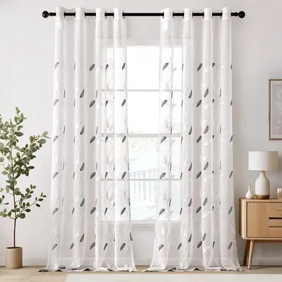 Image de Rideau voile à motif de feuilles avec anneaux - Lot de 2 - 225 x 140 cm