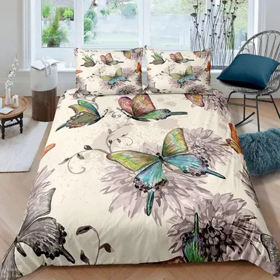 Produktbild von Kinder Bettwäsche Schmetterling 135x200 cm 4-teilig Mikrofaser 3D Retro Blumen 2x 80x80 cm Kissenbezüge