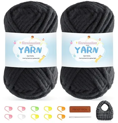 Image de Laine chenille épaisse, 2 pelotes de 100g - Laine douce et moelleuse pour bébé, idéale pour le crochet et le tricot, d'une épaisseur de 5 mm, couleur noire
