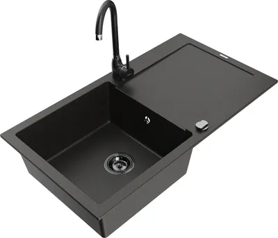 Produktbild von Mexen Leo 1 Becken-Granitspüle mit Abtropffläche und Mischbatterie Telma, Schwarz/Gold metallisch - 6501-75-670200-70-B