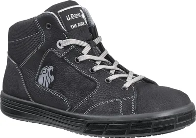 A studio shot of a black high-top work boot.
