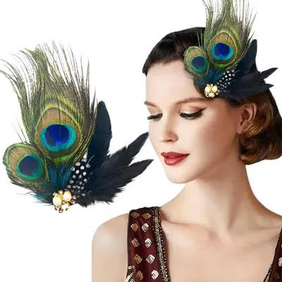 Imagen del producto de Horquillas decoradas con plumas de pavo real, perlas y pedrería, accesorios para el cabello vintage, 1 unidad, para ocasiones especiales