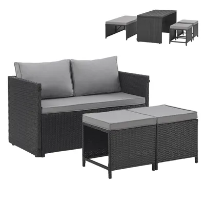 A black rattan sofa set with gray cushions and two ottomans, shown on a white background. A smaller inset image shows a table and two stools.