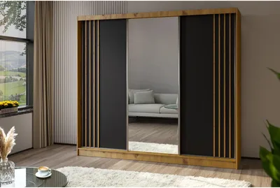 Produktbild von Schiebetürenschrank NELA II 240cm - 3-türig Kleiderschrank, Garderobe, Schrank mit Spiegeln & 4 Schubladen, Farbe: Artisan+Schwarz+Artisan