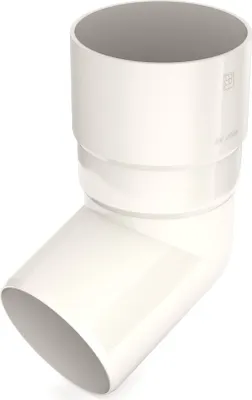 A white plastic pipe fitting with a 90-degree bend.