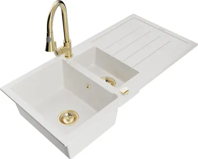 Produktbild von Mexen Andres 1,5-Becken-Granitspüle mit Abtropffläche und Mischbatterie Elia, Weiß - 6515-20-670101-50