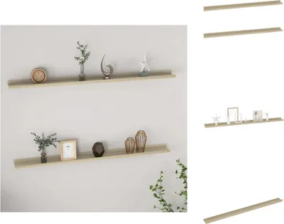 A collage of images showing two wooden wall shelves mounted on a wall, with decorative items placed on them, and separate images of individual shelves.